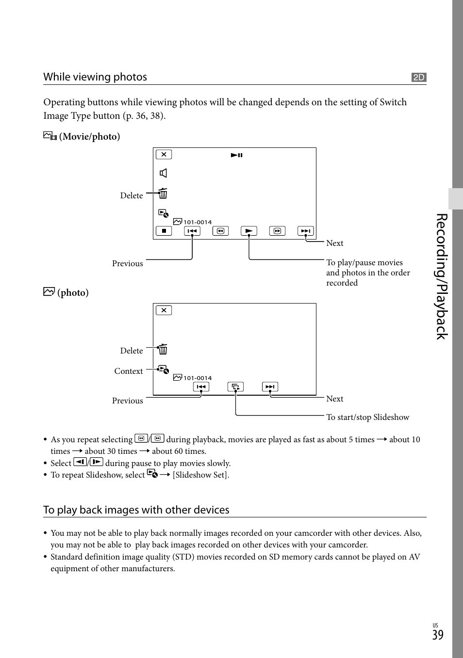 Rec or ding/p la yback | Sony HDR-TD20V User Manual | Page 39 / 191