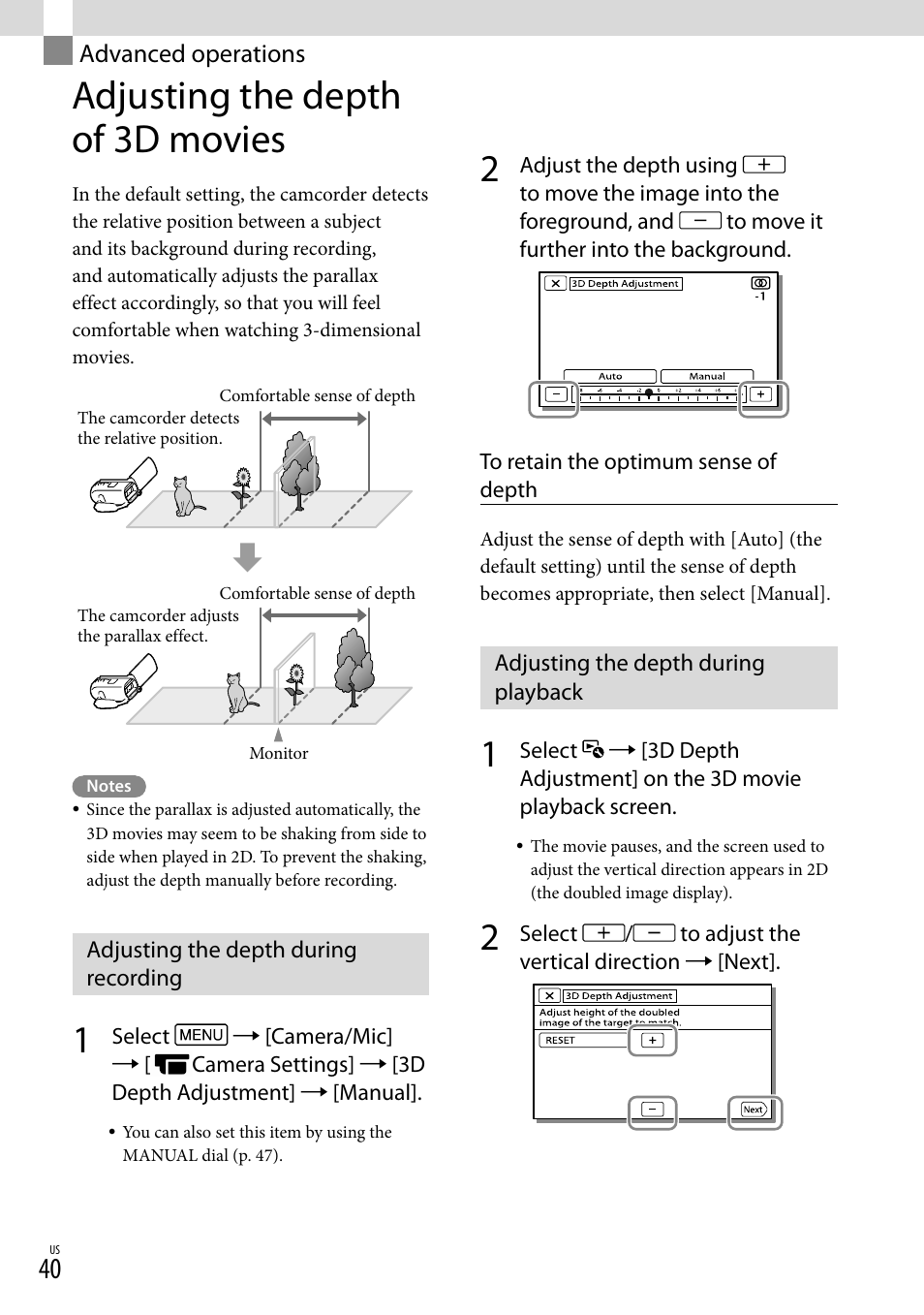 Advanced operations, Adjusting the depth of 3d movies, Adjusting the depth during recording | Adjusting the depth during playback | Sony HDR-TD20V User Manual | Page 40 / 191