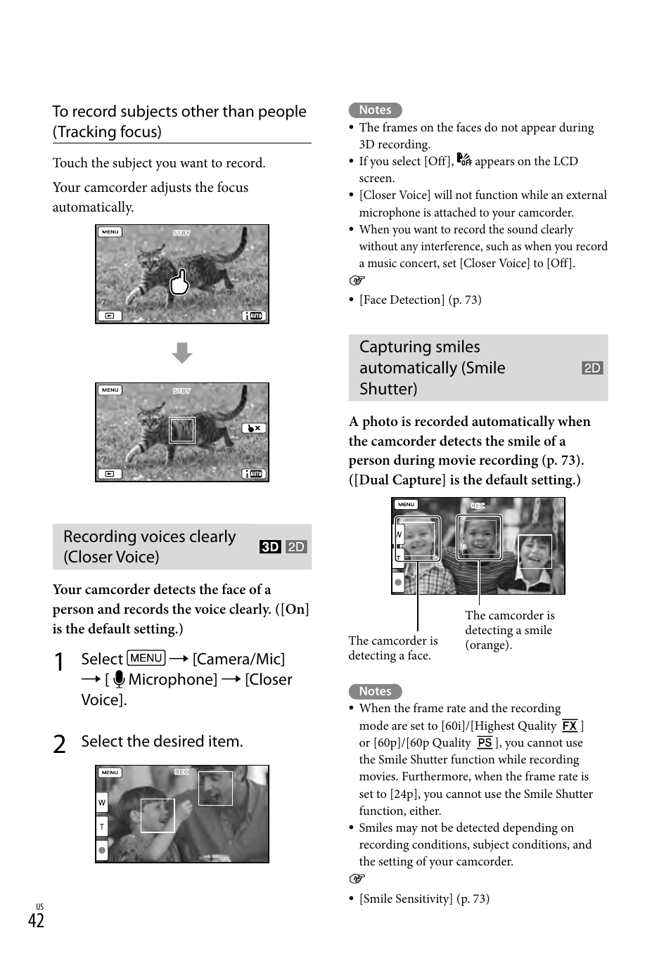 Recording voices clearly (closer voice), Capturing smiles automatically (smile shutter), S (42) | N (42), Select the desired item | Sony HDR-TD20V User Manual | Page 42 / 191