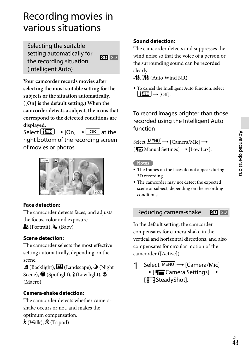 Recording movies in various situations, Reducing camera-shake, Intelligent auto) reducing camera-shake | O (43), N (43) | Sony HDR-TD20V User Manual | Page 43 / 191