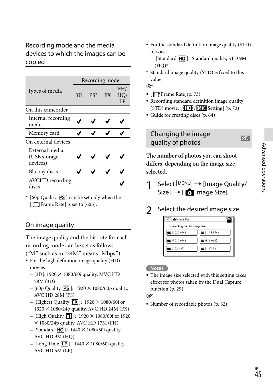 Changing the image quality of photos, On image quality, Select  [image quality/ size]  [ image size | Select the desired image size | Sony HDR-TD20V User Manual | Page 45 / 191