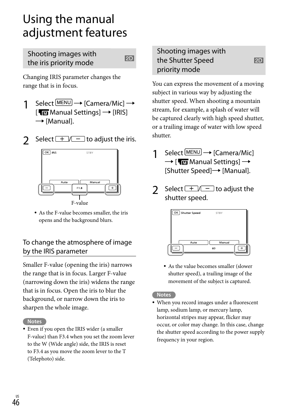 Using the manual adjustment features, Shooting images with the iris priority mode | Sony HDR-TD20V User Manual | Page 46 / 191