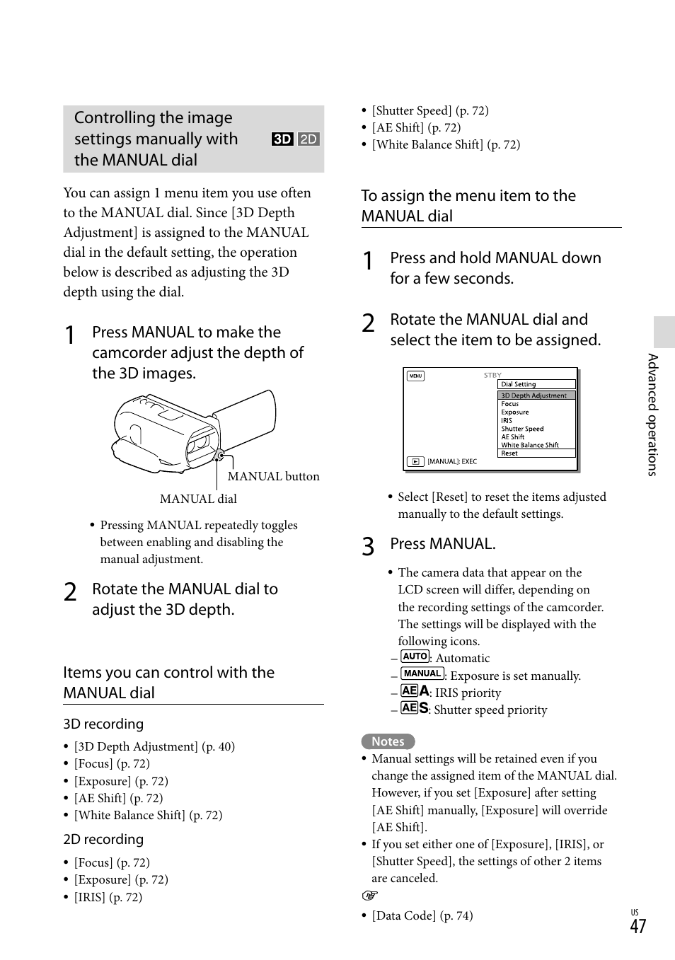 Al dial (47), On (47) | Sony HDR-TD20V User Manual | Page 47 / 191