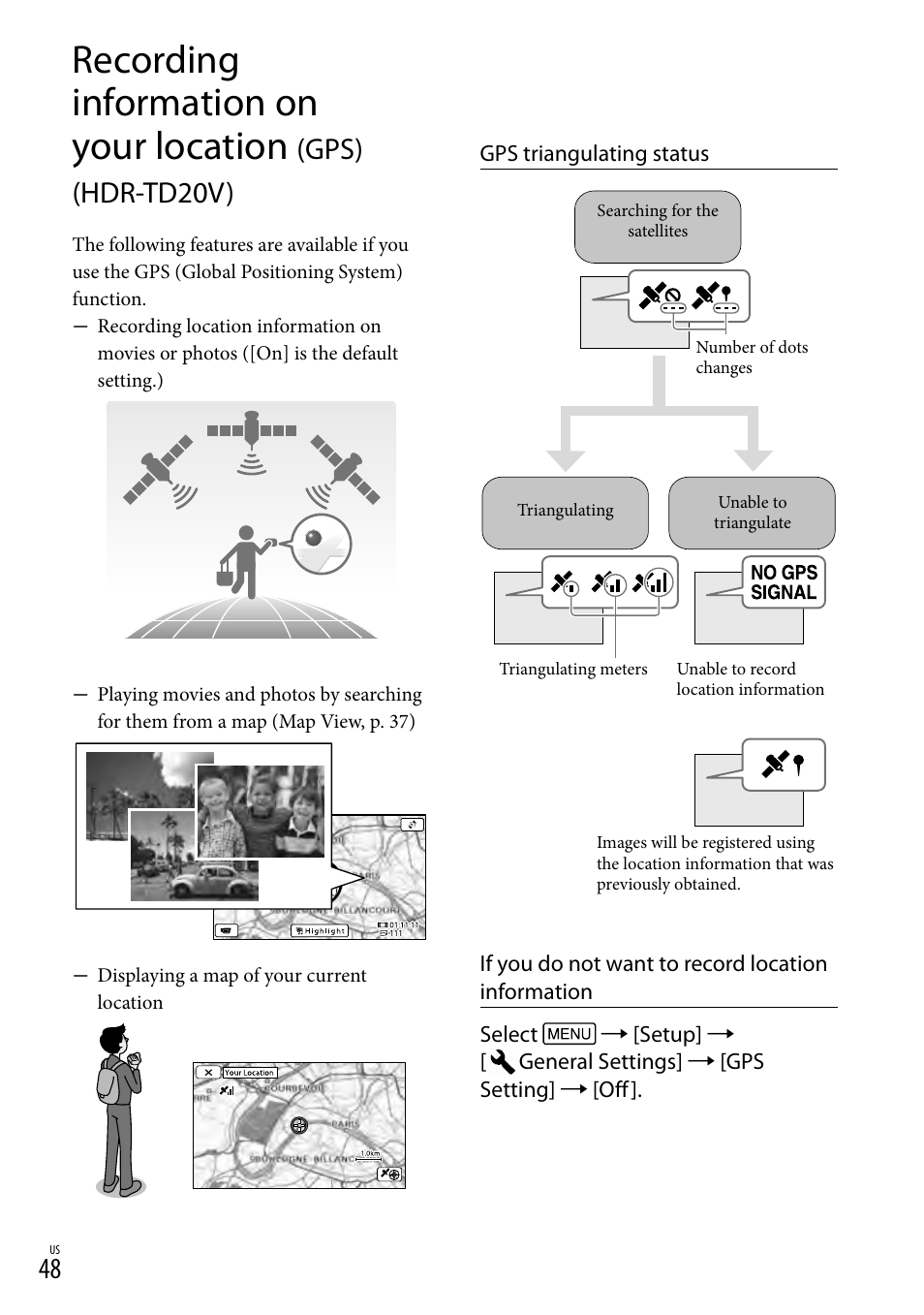 S (48) (hd, Recording information on your location, Gps) (hdr-td20v) | Sony HDR-TD20V User Manual | Page 48 / 191