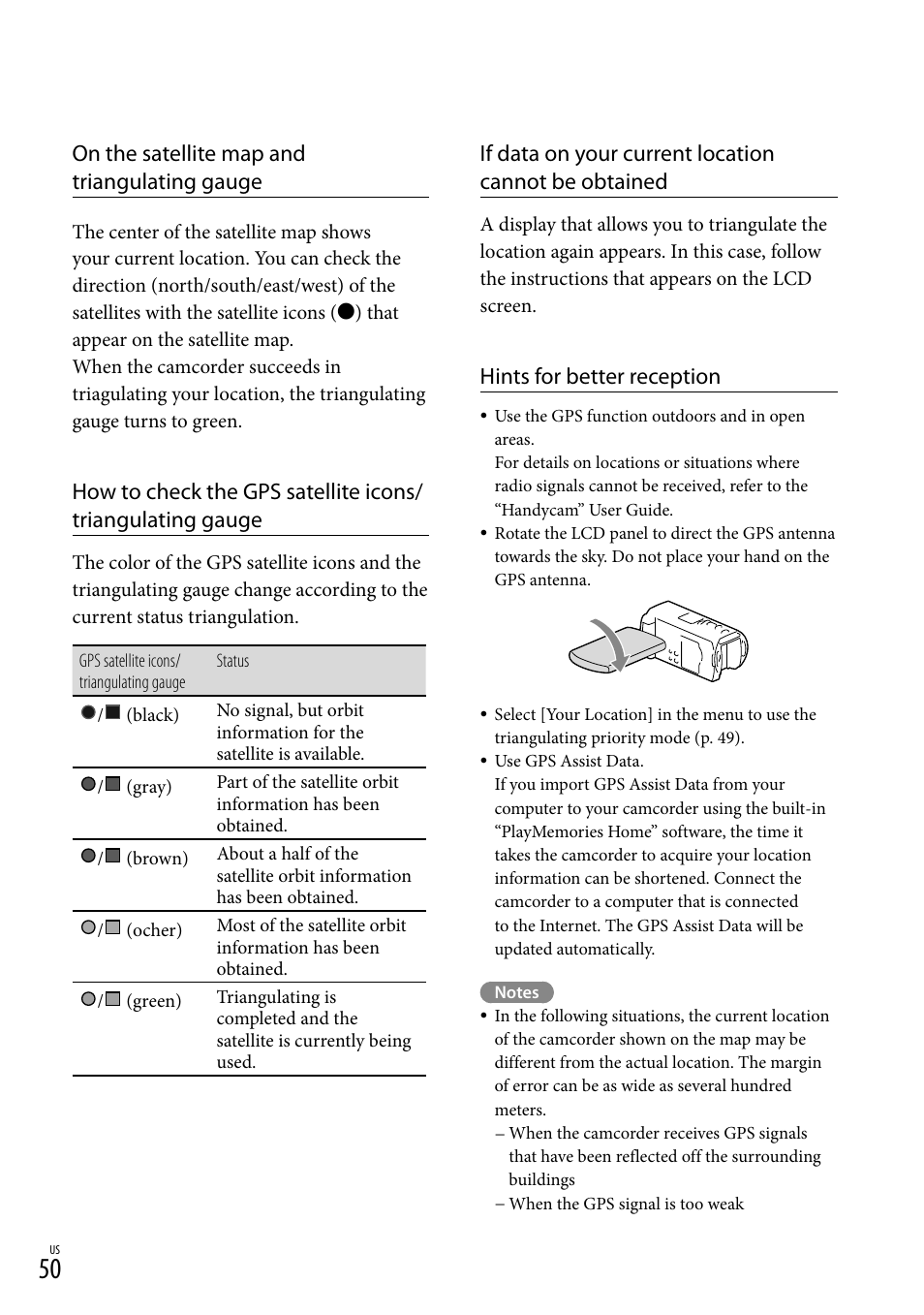 On the satellite map and triangulating gauge, Hints for better reception | Sony HDR-TD20V User Manual | Page 50 / 191