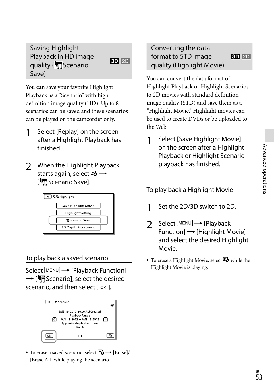 Saving highlight playback in hd image quality, Scenario save) | Sony HDR-TD20V User Manual | Page 53 / 191