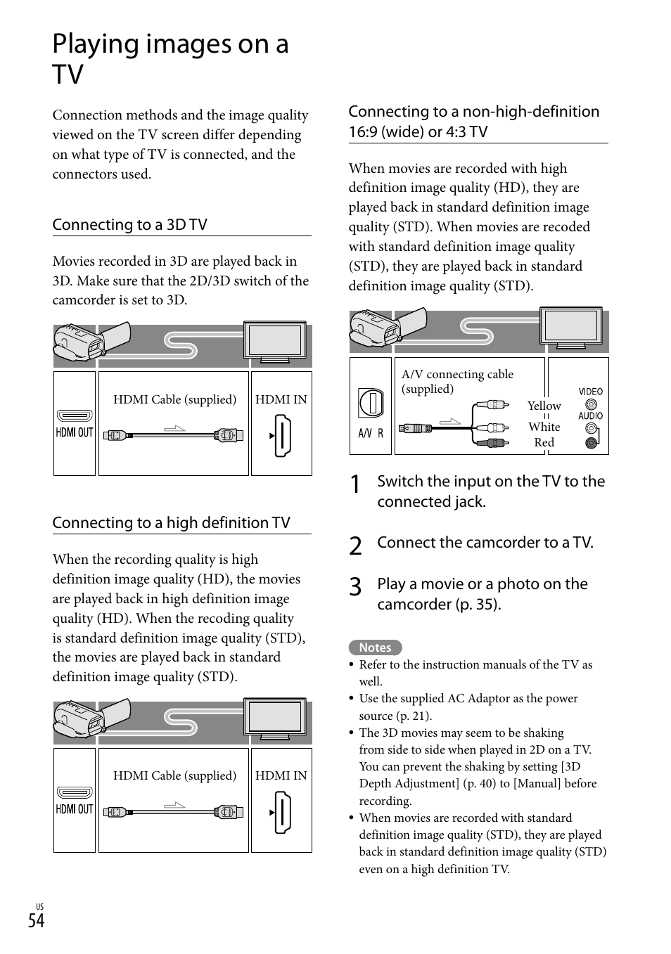Playing images on a tv, Hdmi out jack (54) | Sony HDR-TD20V User Manual | Page 54 / 191