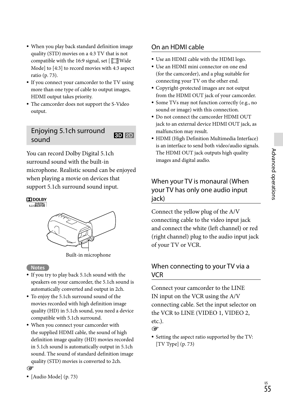 Enjoying 5.1ch surround sound, On an hdmi cable, When connecting to your tv via a vcr | Sony HDR-TD20V User Manual | Page 55 / 191