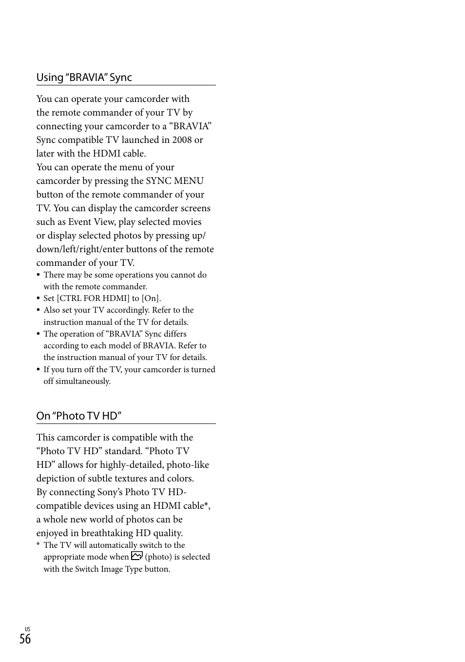 Using “bravia” sync, On “photo tv hd | Sony HDR-TD20V User Manual | Page 56 / 191