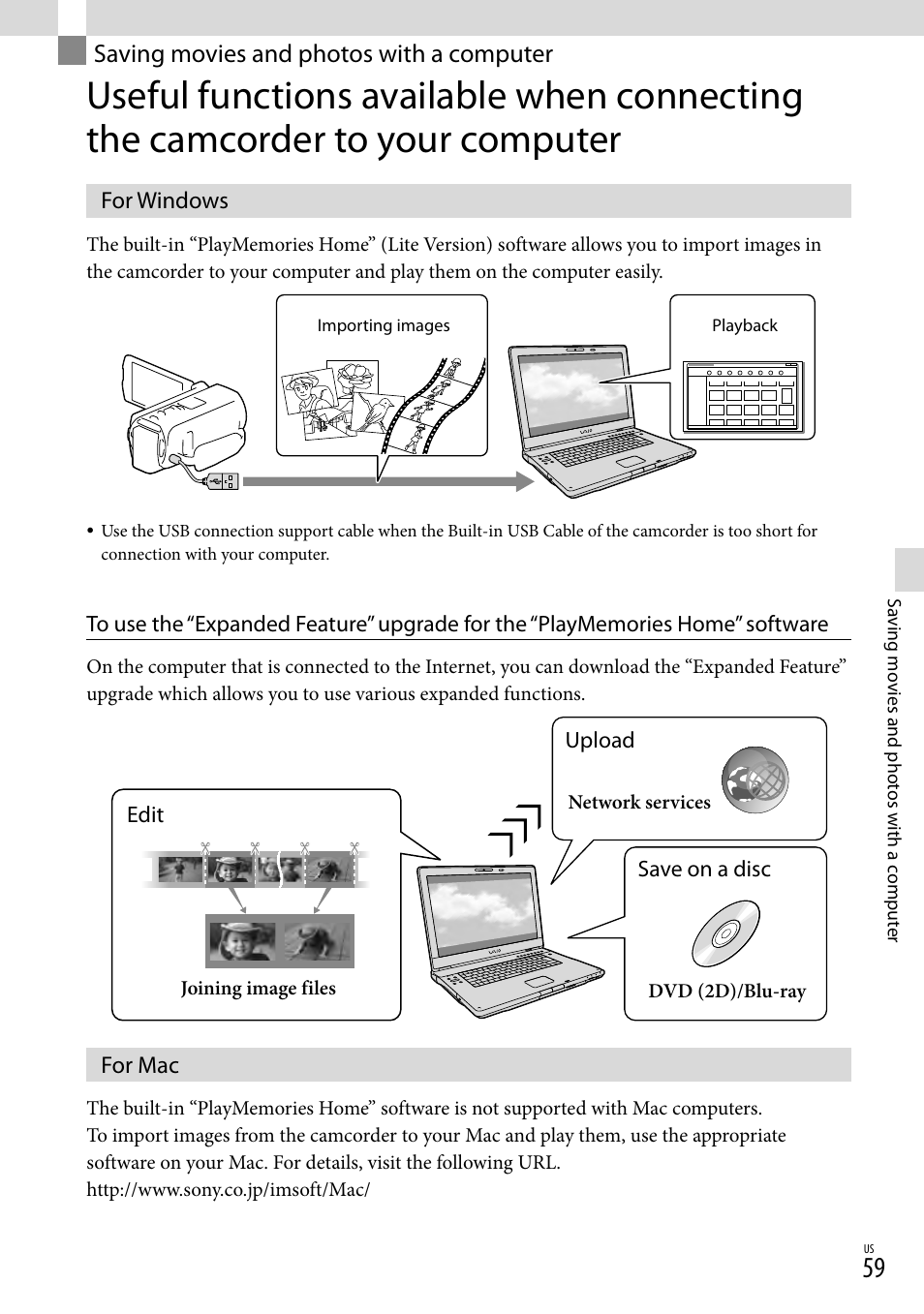 Saving movies and photos with a computer, For windows, For mac | For windows for mac | Sony HDR-TD20V User Manual | Page 59 / 191