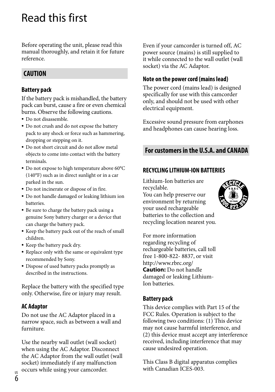 Read this first, Caution, For customers in the u.s.a. and canada | Sony HDR-TD20V User Manual | Page 6 / 191