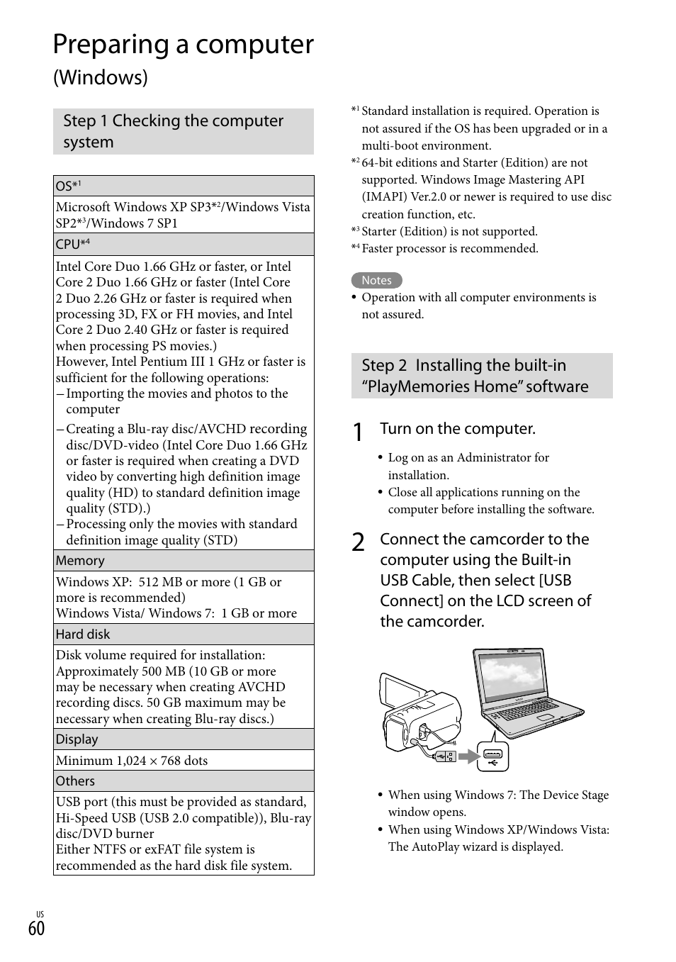 Preparing a computer (windows), Step 1 checking the computer system, Preparing a computer | Windows), Turn on the computer | Sony HDR-TD20V User Manual | Page 60 / 191