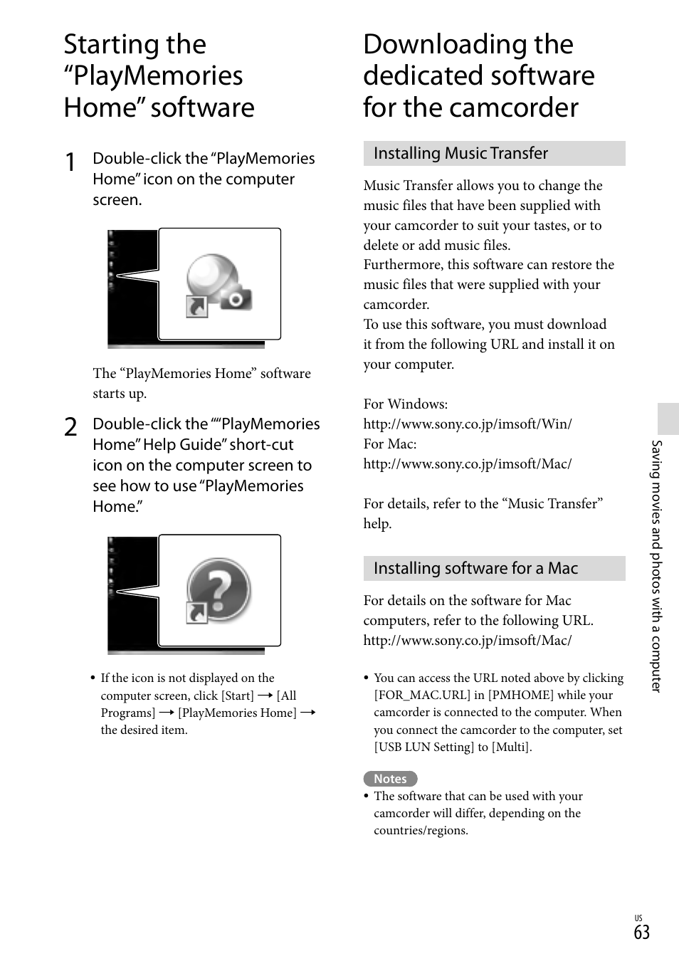 Starting the “playmemories home” software, Installing music transfer, Installing software for a mac | Sony HDR-TD20V User Manual | Page 63 / 191