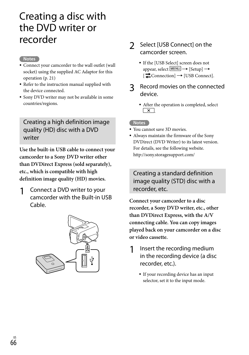 Creating a disc with the dvd writer or recorder, With a recorder, etc | Sony HDR-TD20V User Manual | Page 66 / 191