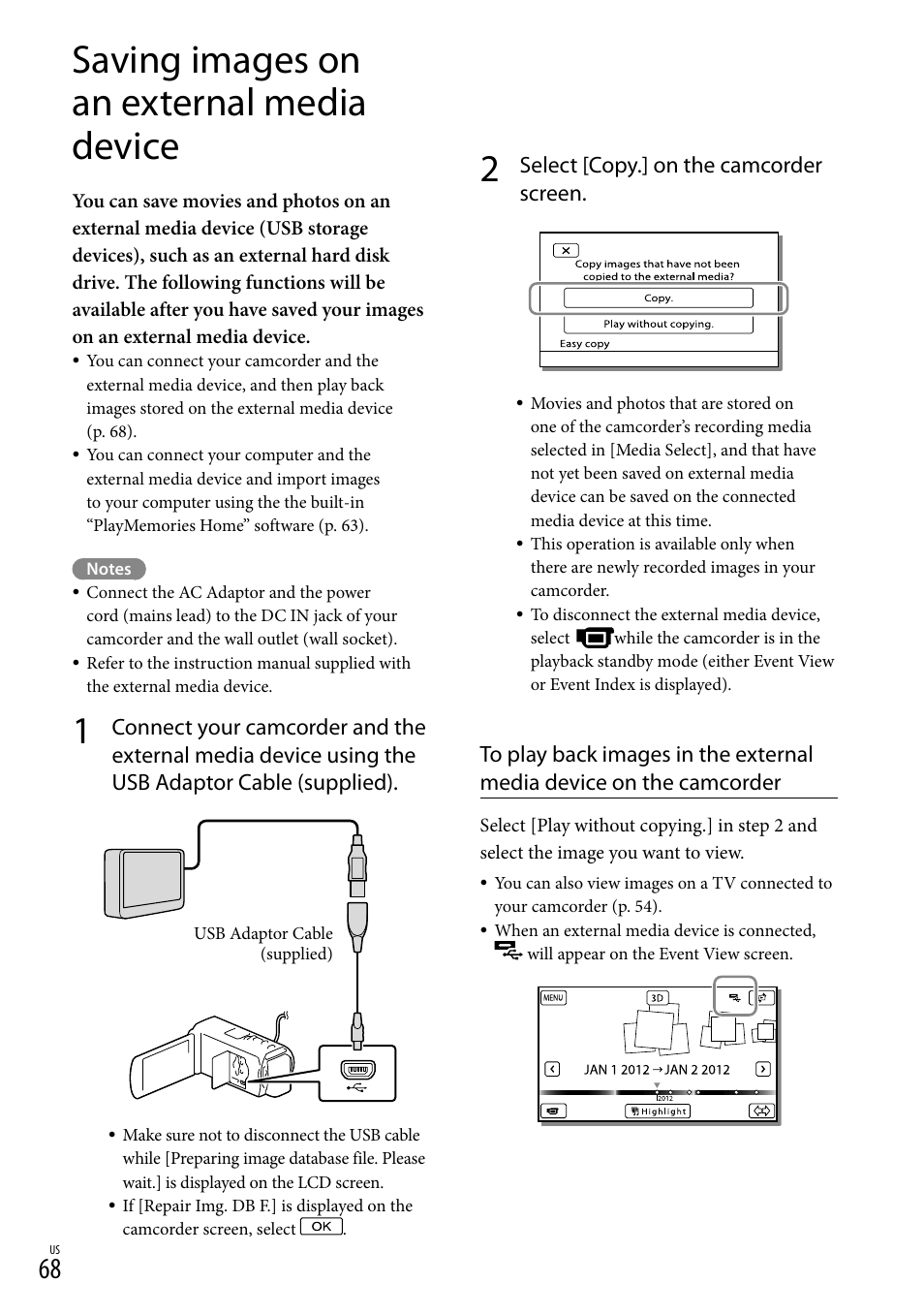 Saving images on an external media device, Usb) jack (68), Select [copy.] on the camcorder screen | Sony HDR-TD20V User Manual | Page 68 / 191