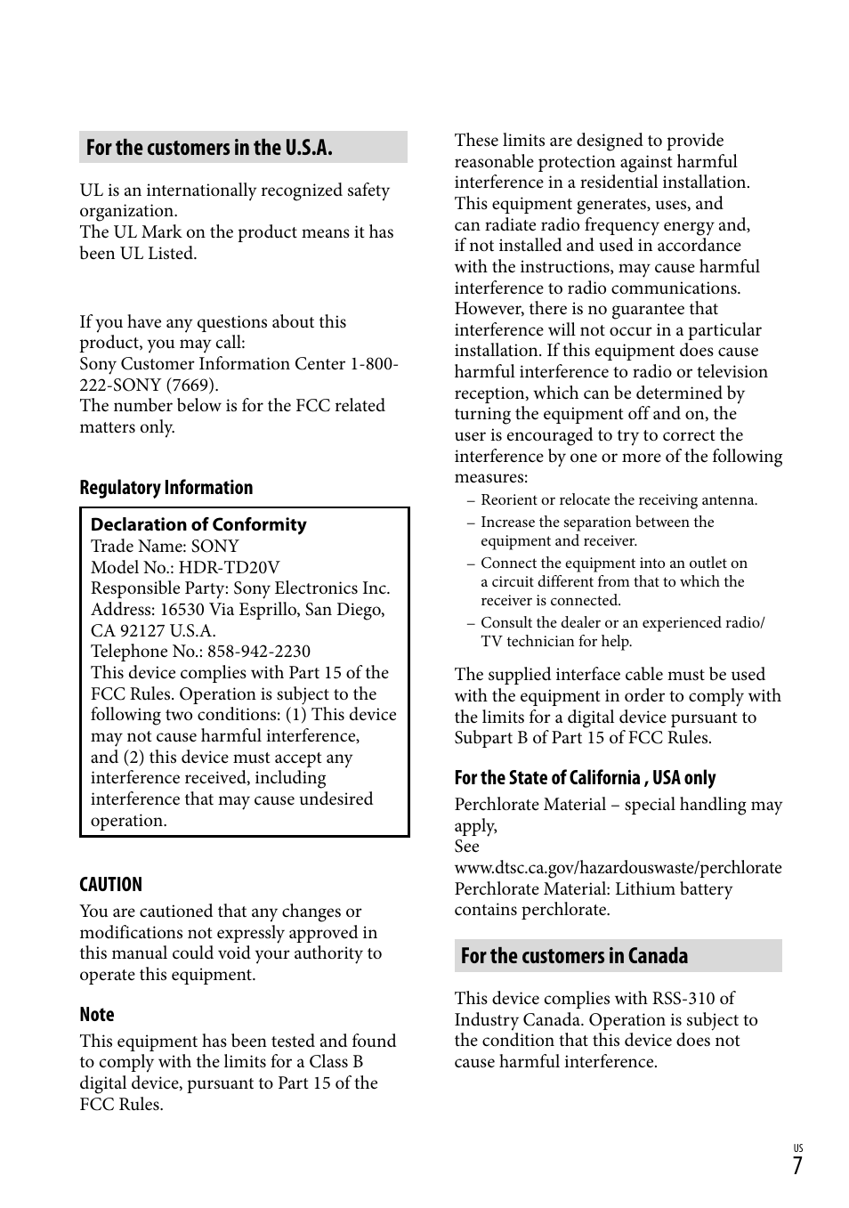 For the customers in the u.s.a, For the customers in canada | Sony HDR-TD20V User Manual | Page 7 / 191