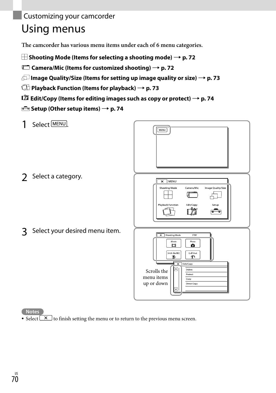 Customizing your camcorder, Using menus, N (70) | Sony HDR-TD20V User Manual | Page 70 / 191