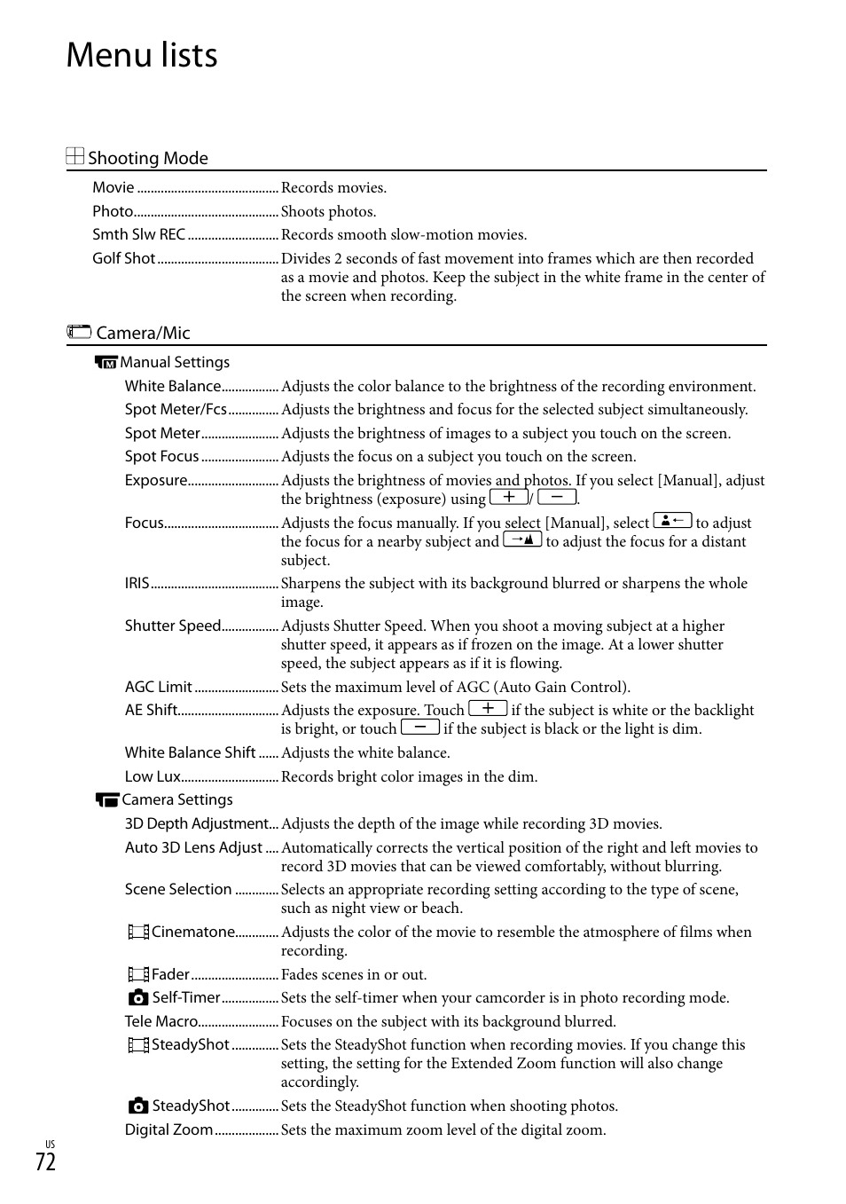 Menu lists | Sony HDR-TD20V User Manual | Page 72 / 191