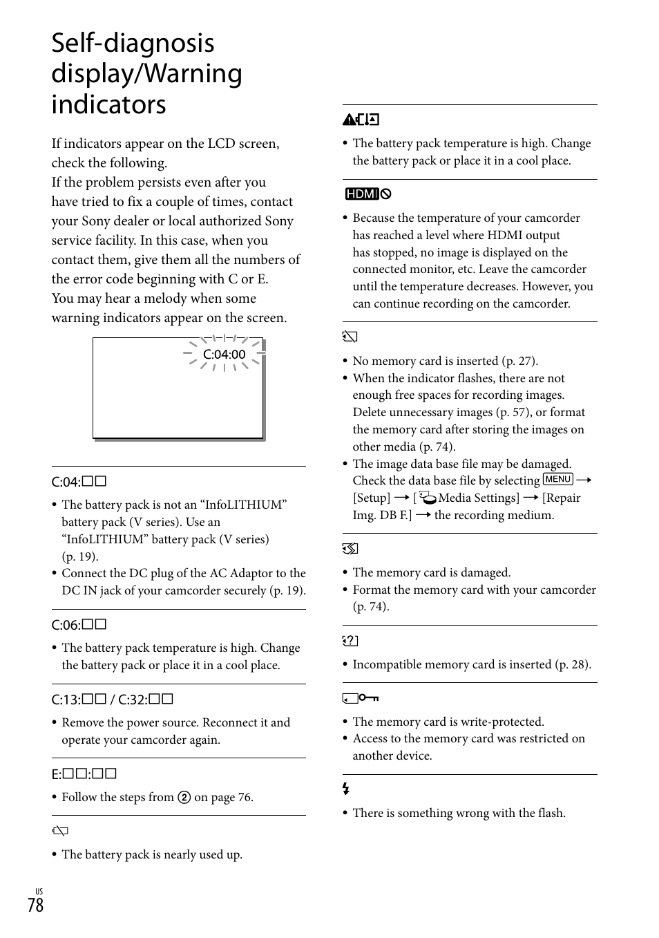 Self-diagnosis display/warning indicators | Sony HDR-TD20V User Manual | Page 78 / 191