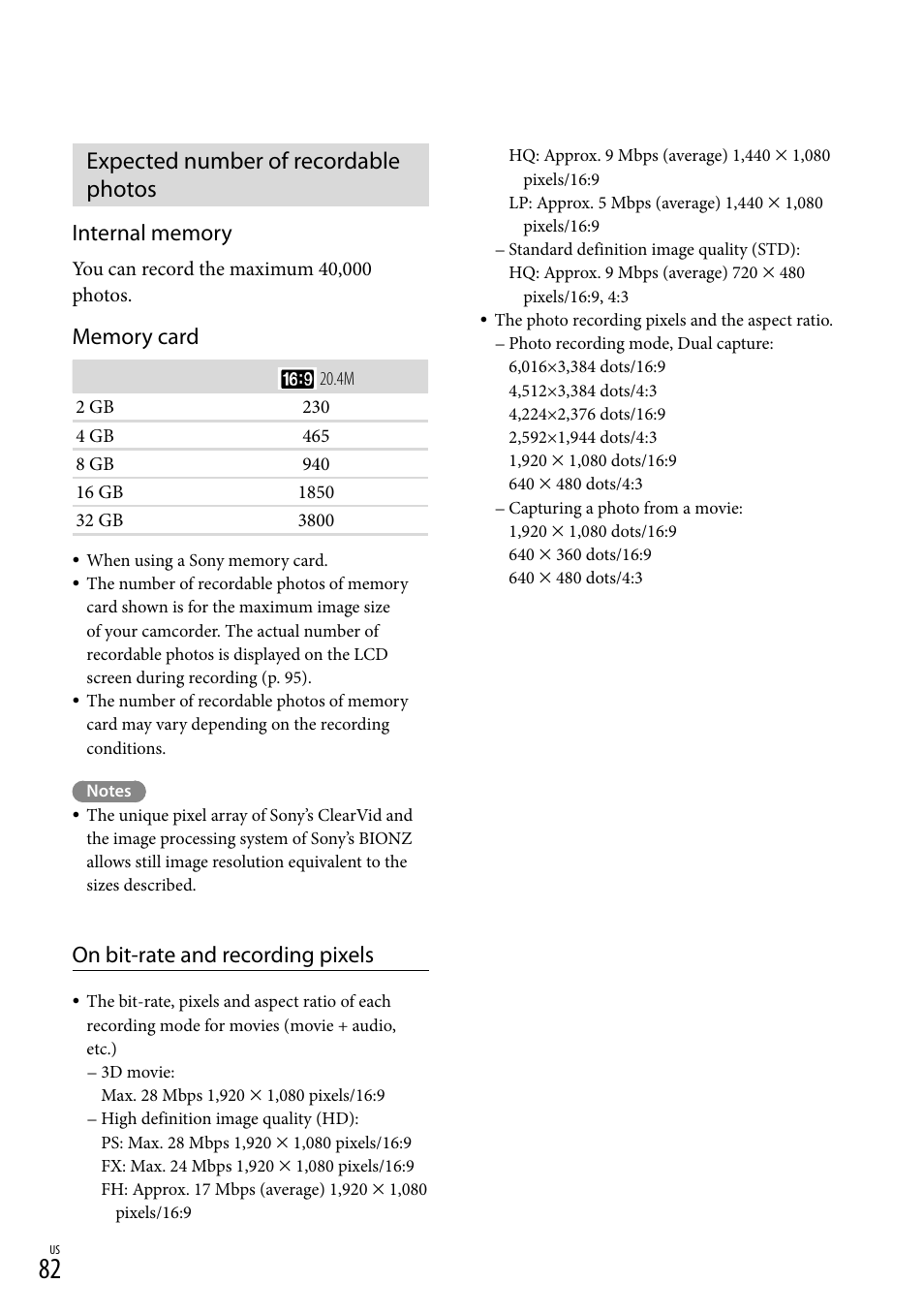 Expected number of recordable photos, On bit-rate and recording pixels | Sony HDR-TD20V User Manual | Page 82 / 191