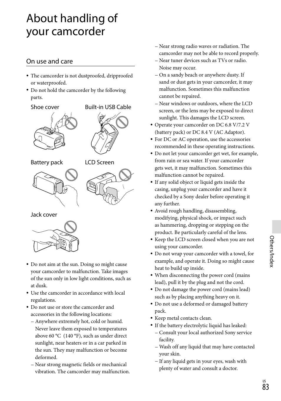 About handling of your camcorder, On use and care | Sony HDR-TD20V User Manual | Page 83 / 191