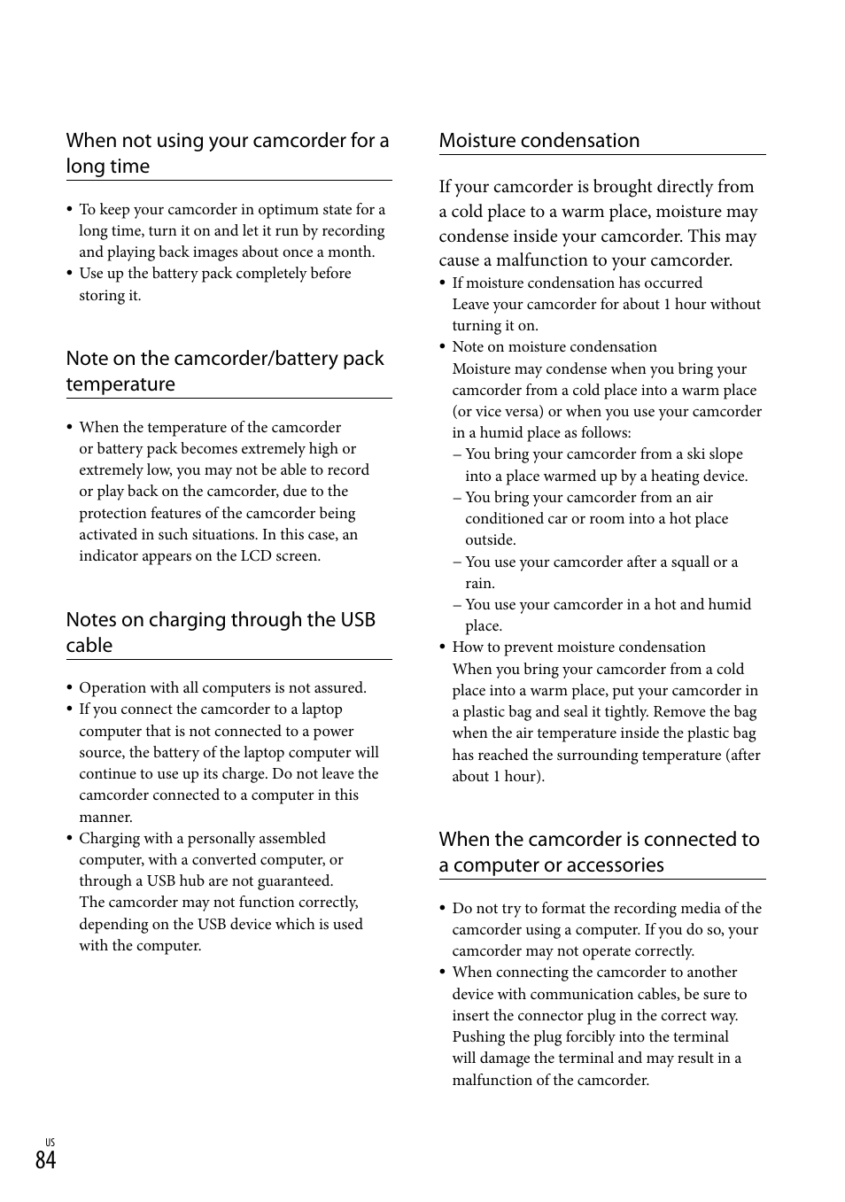 When not using your camcorder for a long time, Moisture condensation | Sony HDR-TD20V User Manual | Page 84 / 191