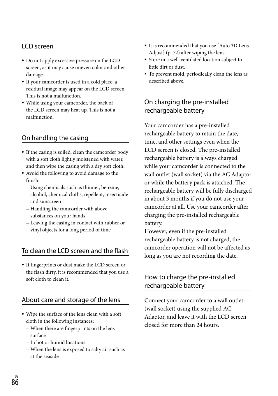 Lcd screen, On handling the casing, About care and storage of the lens | On charging the pre-installed rechargeable battery | Sony HDR-TD20V User Manual | Page 86 / 191