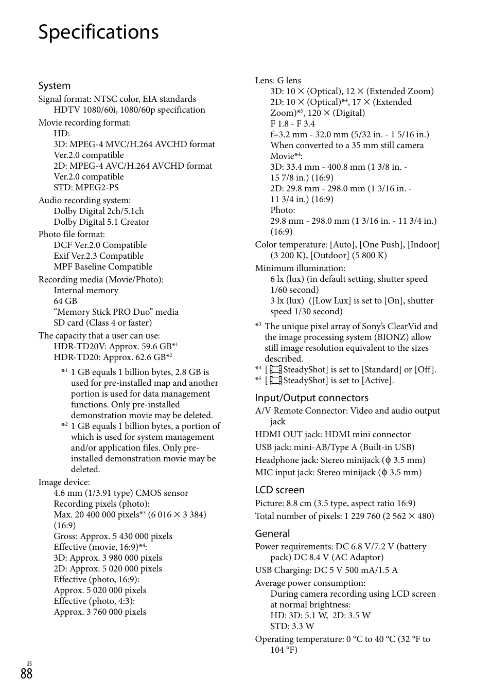 Specifications, System, Input/output connectors | Lcd screen, General | Sony HDR-TD20V User Manual | Page 88 / 191