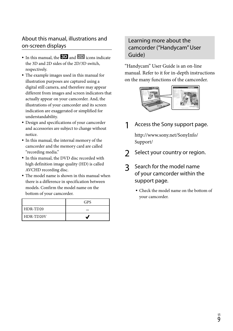 Access the sony support page, Select your country or region | Sony HDR-TD20V User Manual | Page 9 / 191