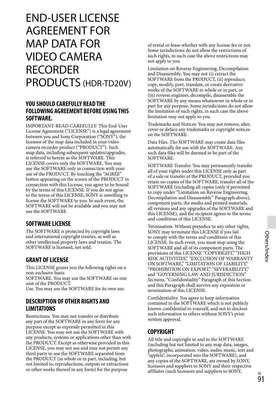 Products (hdr-td20v), Hdr-td20v), Software license | Grant of license, Description of other rights and limitations, Copyright | Sony HDR-TD20V User Manual | Page 91 / 191