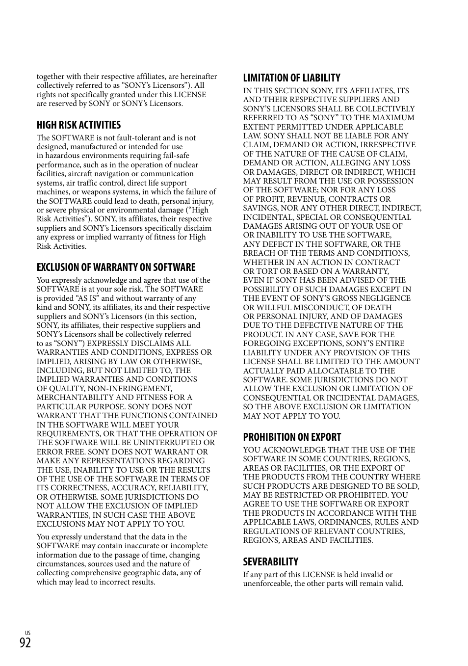 High risk activities, Exclusion of warranty on software, Limitation of liability | Prohibition on export, Severability | Sony HDR-TD20V User Manual | Page 92 / 191