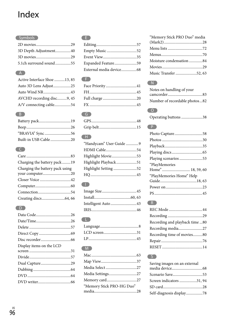 Index | Sony HDR-TD20V User Manual | Page 96 / 191