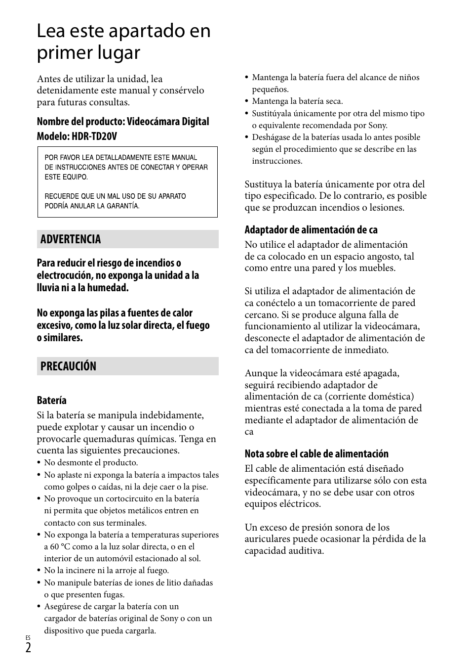 Lea este apartado en primer lugar, Advertencia, Precaución | Sony HDR-TD20V User Manual | Page 98 / 191