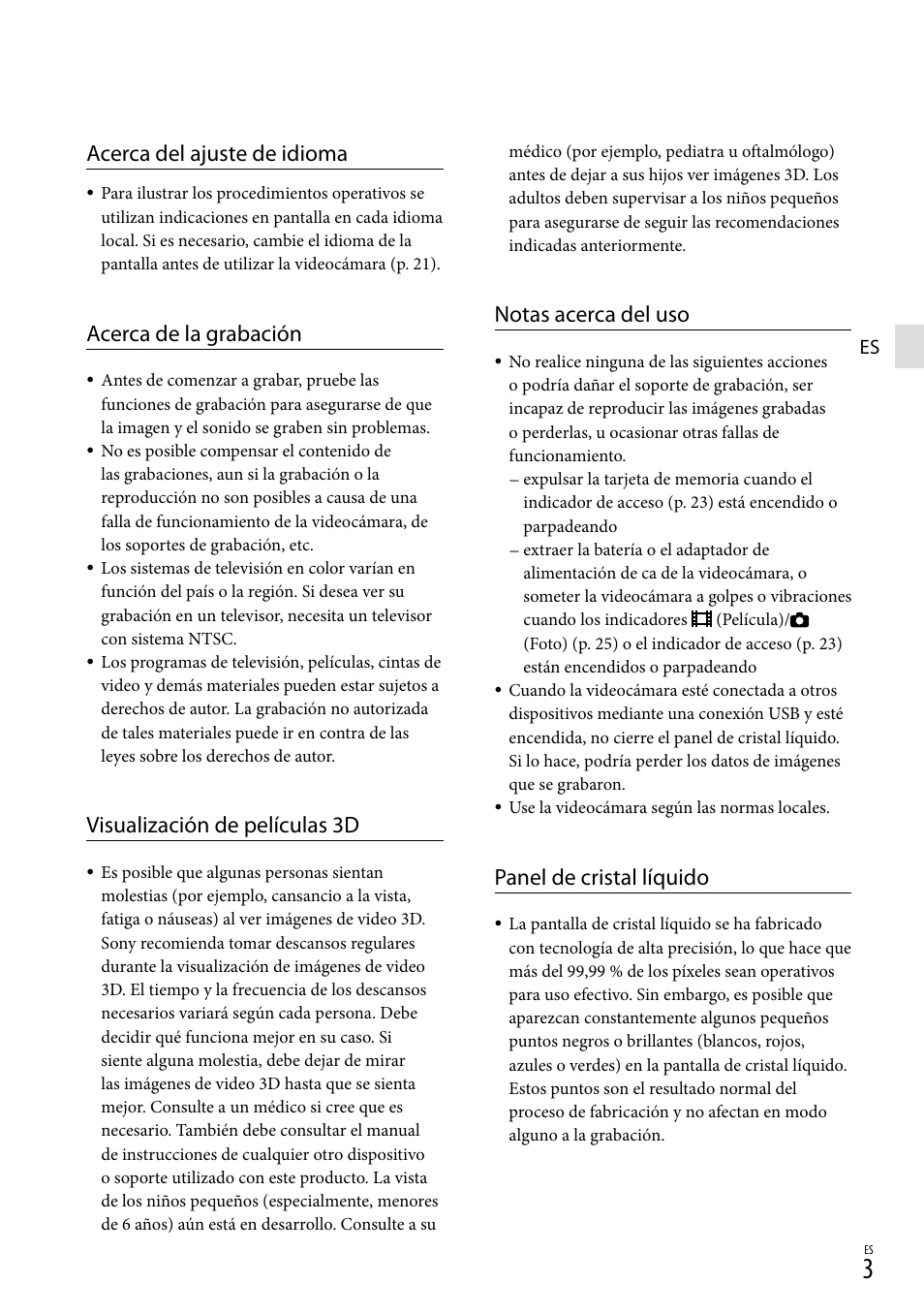 Acerca del ajuste de idioma, Acerca de la grabación, Visualización de películas 3d | Notas acerca del uso, Panel de cristal líquido | Sony HDR-TD20V User Manual | Page 99 / 191