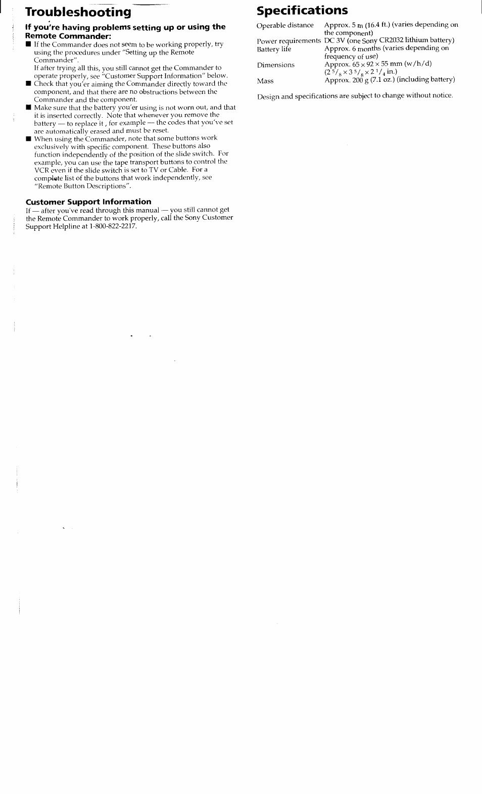 Troubleshooting specifications | Sony RM-V30 User Manual | Page 4 / 4