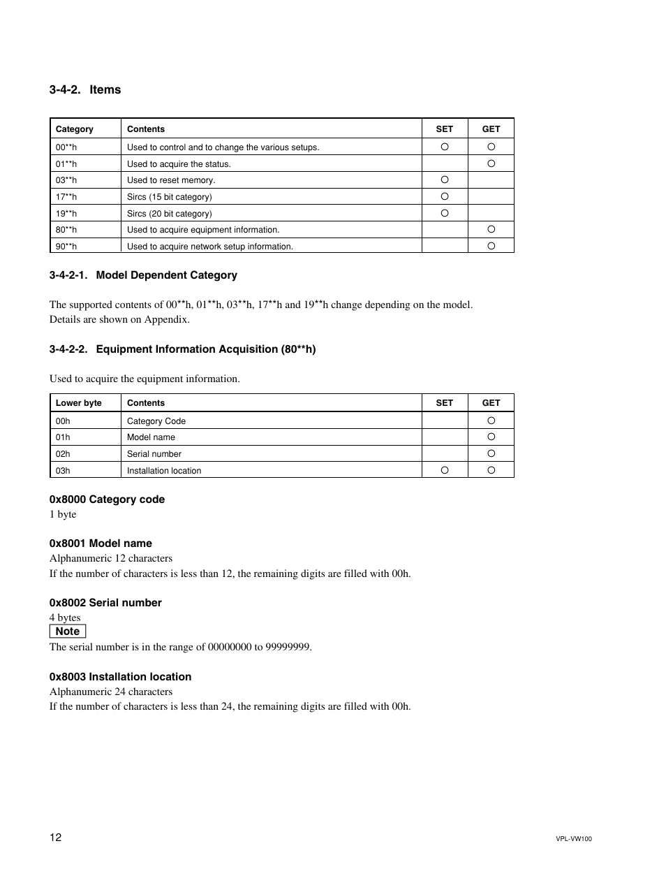 4-2. items, 4-2-1. model dependent category, 4-2-2. equipment information acquisition (80**h) | Sony VPL-VW100 User Manual | Page 16 / 28