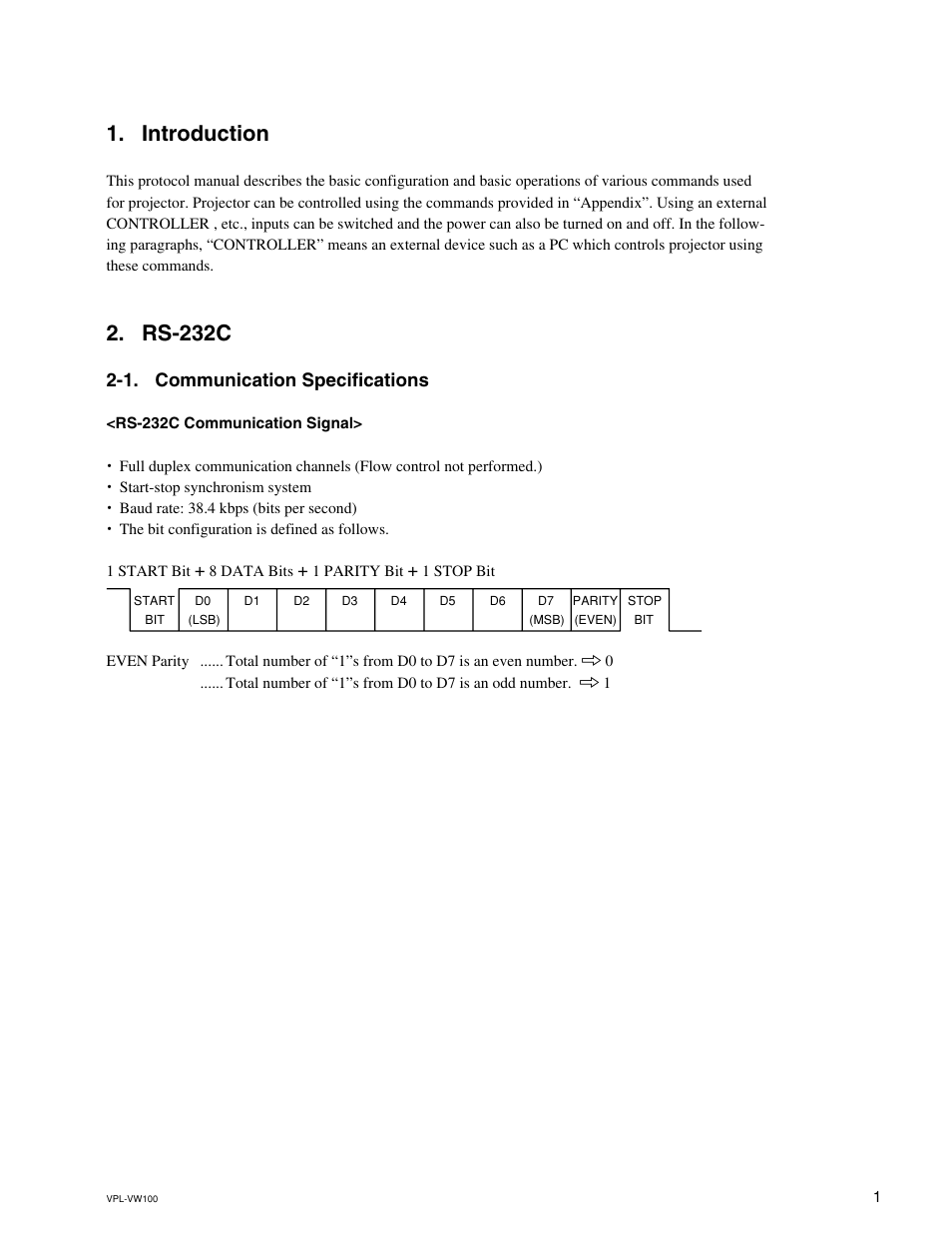 Introduction, Rs-232c, 1. communication specifications | Sony VPL-VW100 User Manual | Page 5 / 28