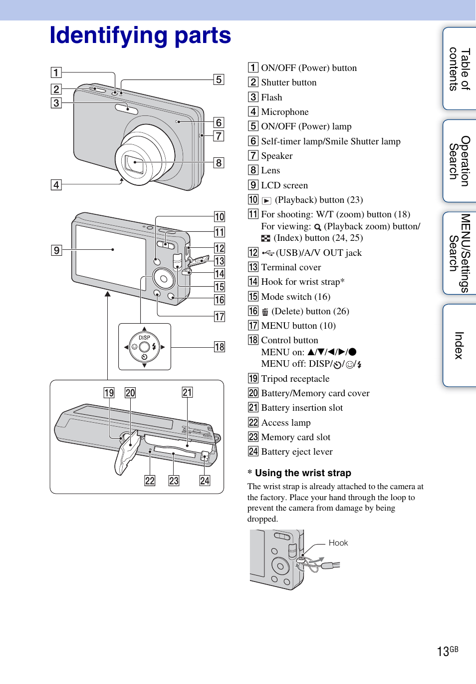 Identifying parts | Sony DSC-W310 User Manual | Page 13 / 98