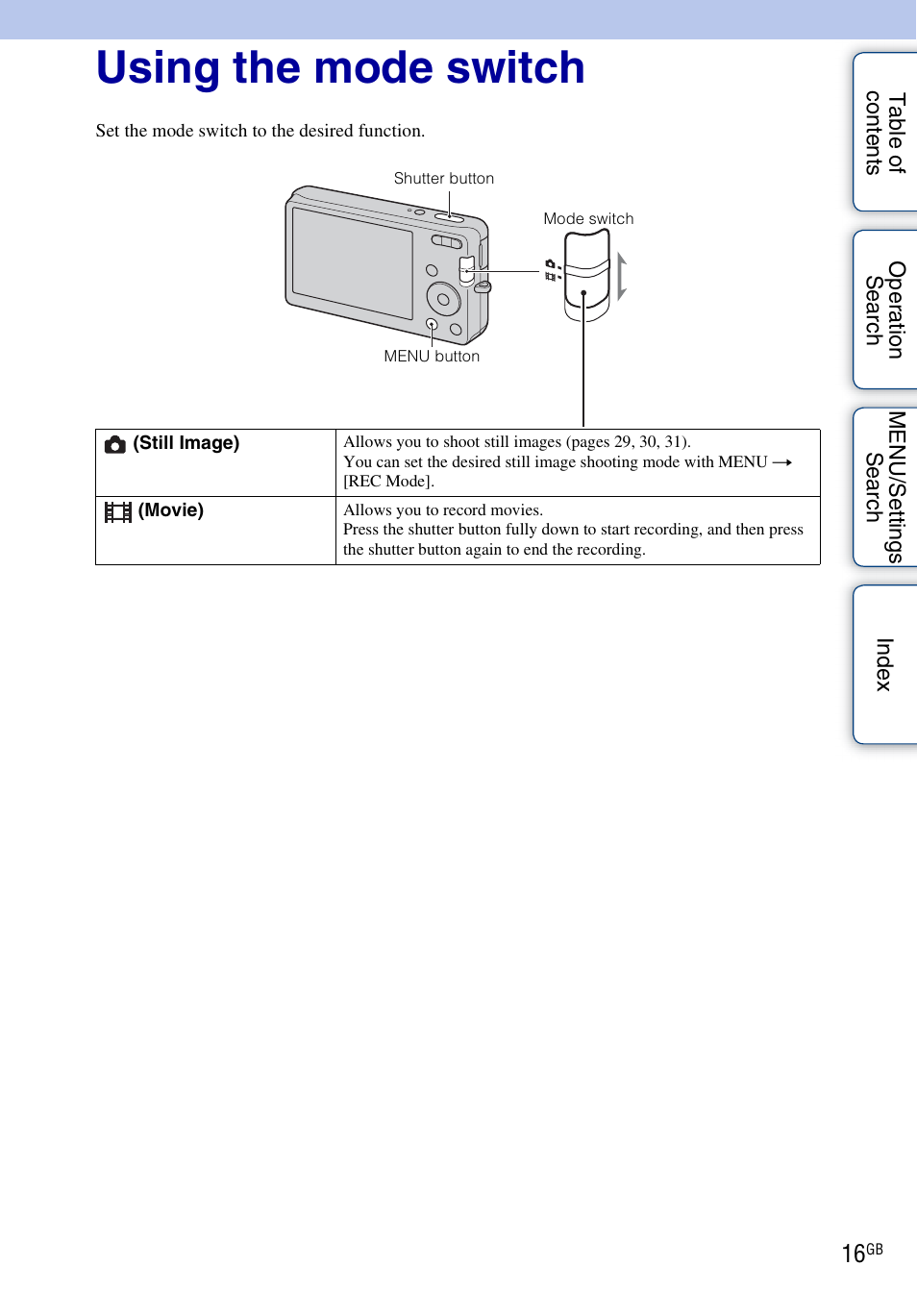 Using the mode switch, H (16) | Sony DSC-W310 User Manual | Page 16 / 98