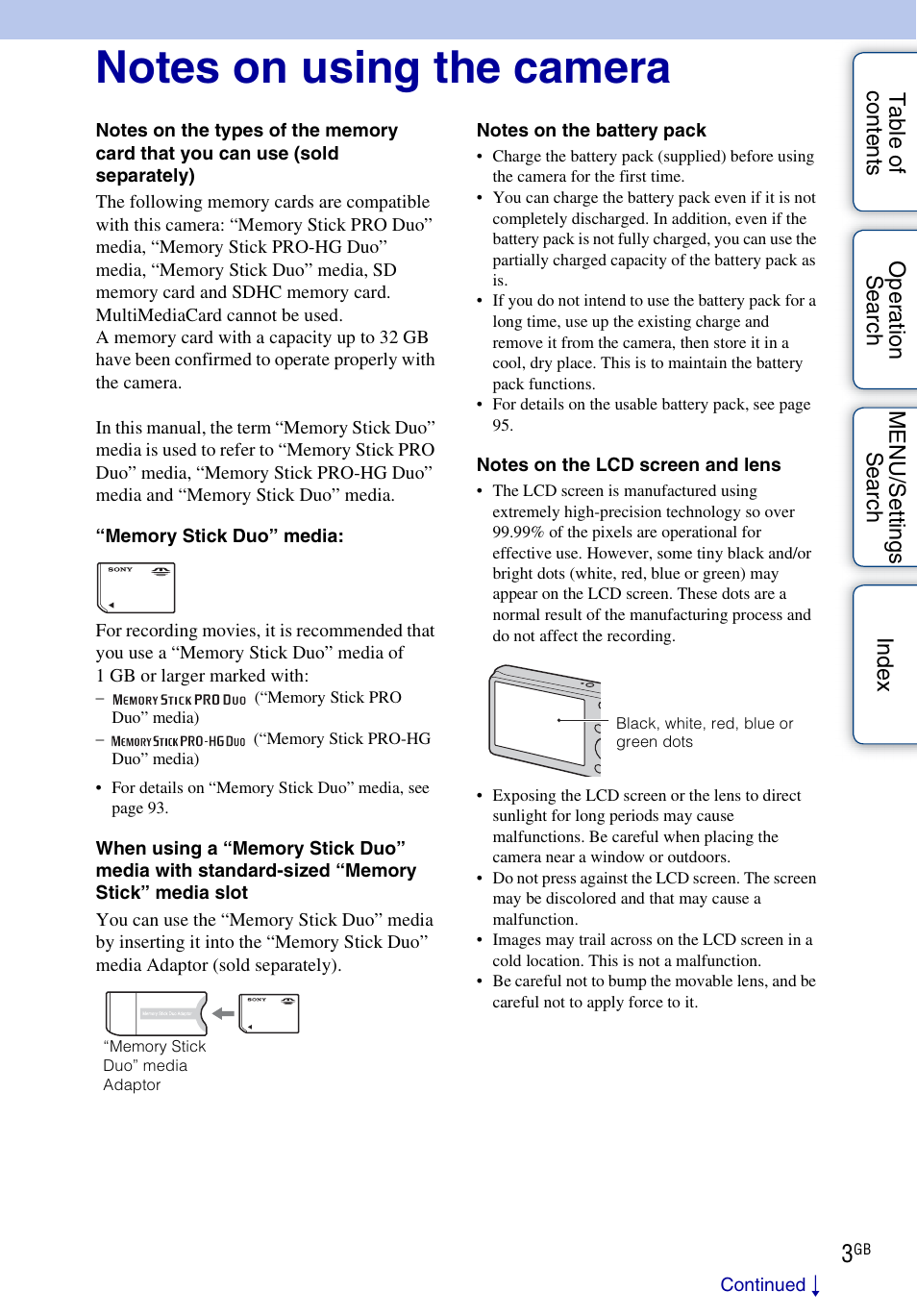 Notes on using the camera | Sony DSC-W310 User Manual | Page 3 / 98