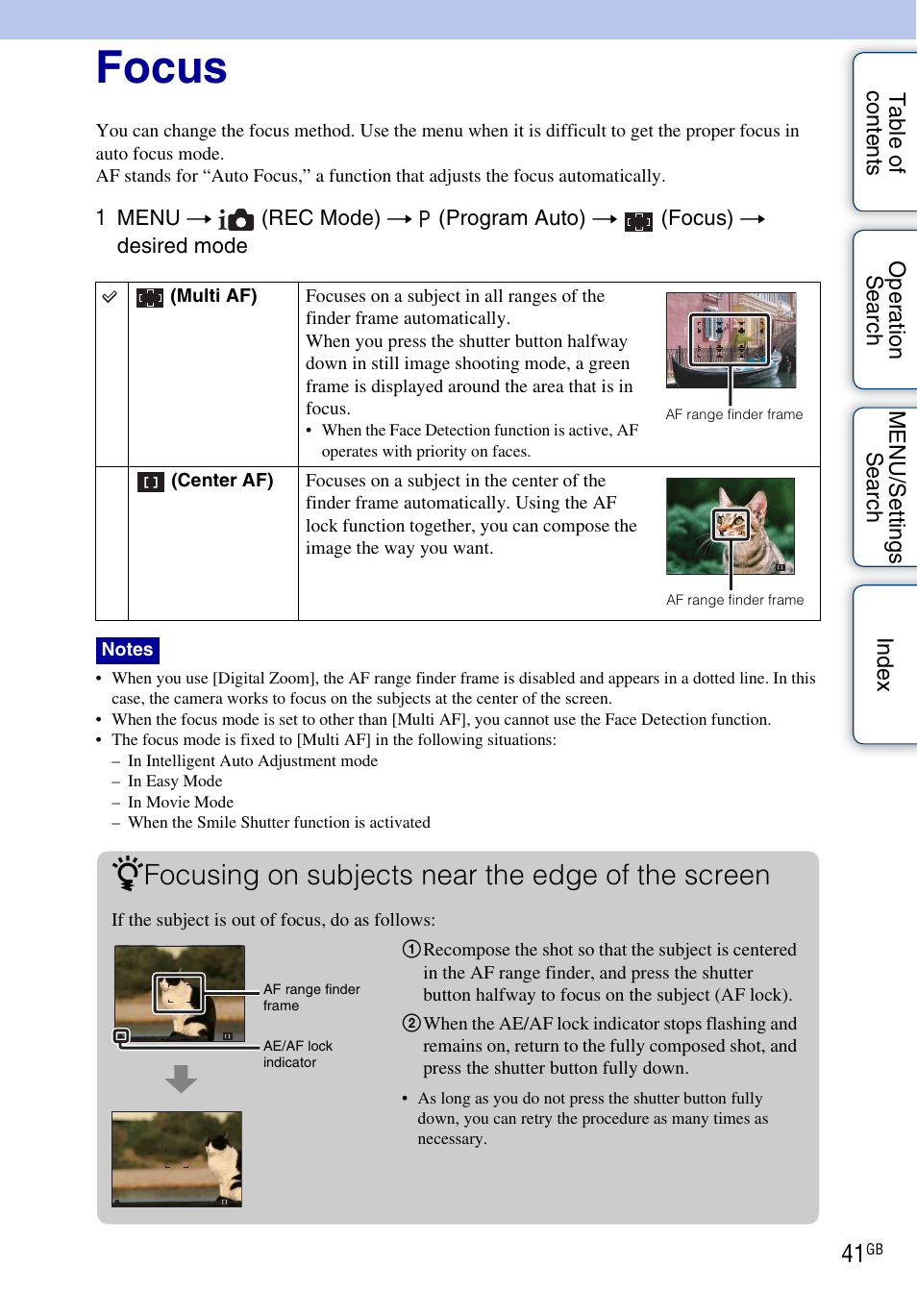 Focus, Focusing on subjects near the edge of the screen | Sony DSC-W310 User Manual | Page 41 / 98