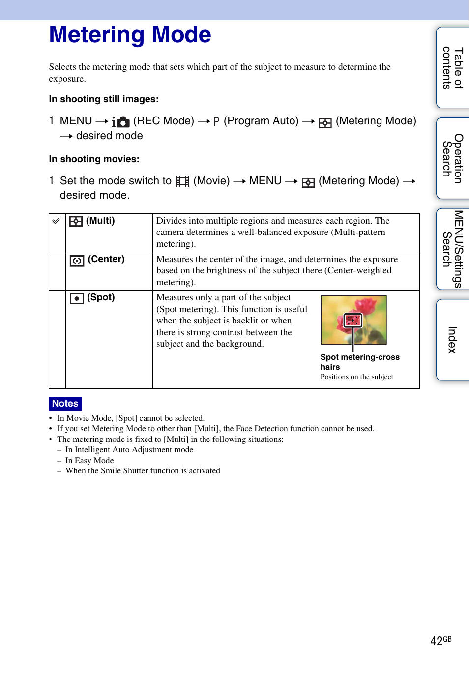 Metering mode | Sony DSC-W310 User Manual | Page 42 / 98