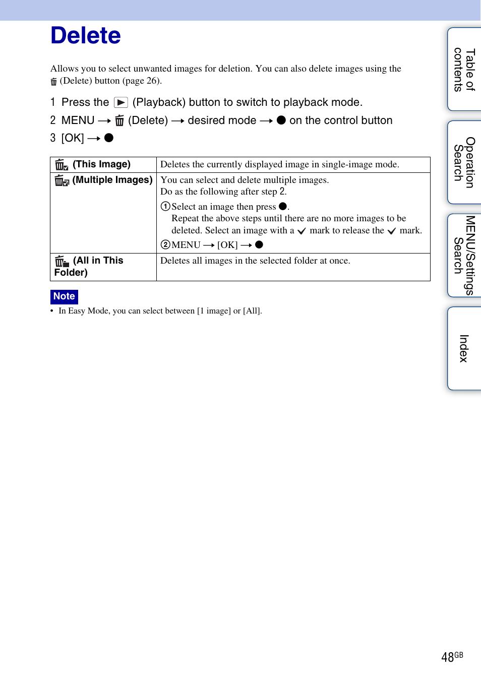 Delete, Delete) | Sony DSC-W310 User Manual | Page 48 / 98