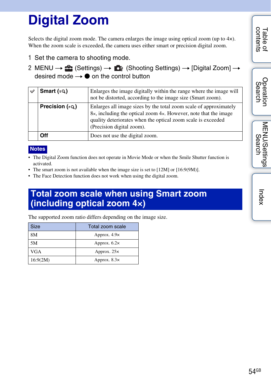 Digital zoom | Sony DSC-W310 User Manual | Page 54 / 98