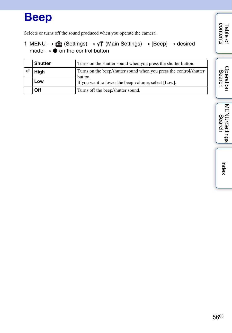 Beep | Sony DSC-W310 User Manual | Page 56 / 98