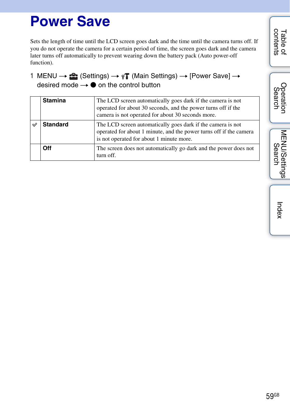 Power save | Sony DSC-W310 User Manual | Page 59 / 98