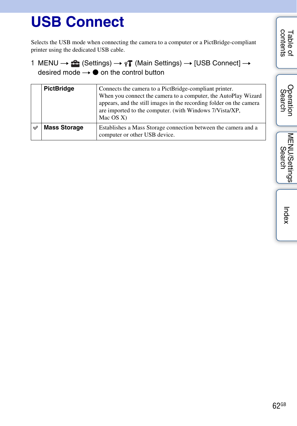Usb connect | Sony DSC-W310 User Manual | Page 62 / 98
