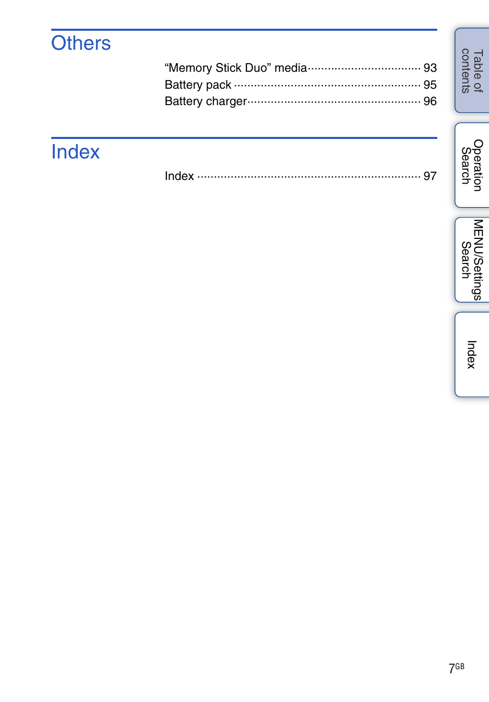 Others, Index | Sony DSC-W310 User Manual | Page 7 / 98