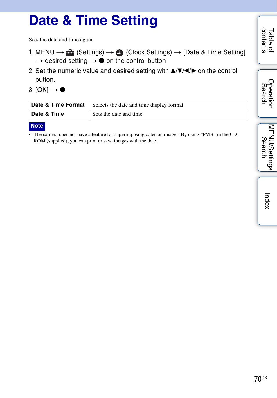 Date & time setting | Sony DSC-W310 User Manual | Page 70 / 98