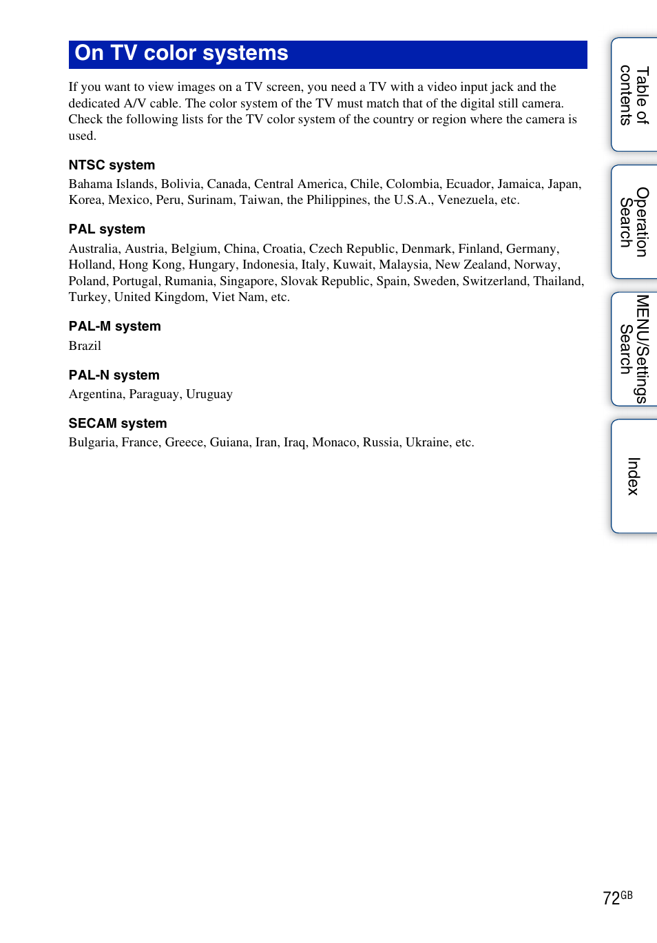 On tv color systems | Sony DSC-W310 User Manual | Page 72 / 98